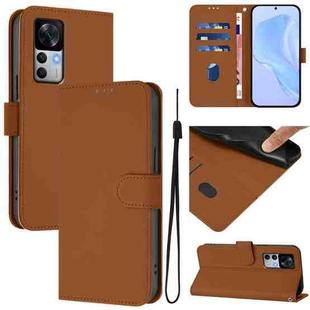 For Redmi K50 Ultra Skin Feel Solid Color Leather Phone Case with Lanyard(Brown)