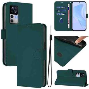 For Redmi K50 Ultra Skin Feel Solid Color Leather Phone Case with Lanyard(Dark Green)