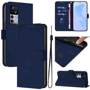 For Redmi K50 Ultra Skin Feel Solid Color Leather Phone Case with Lanyard(Navy Blue)