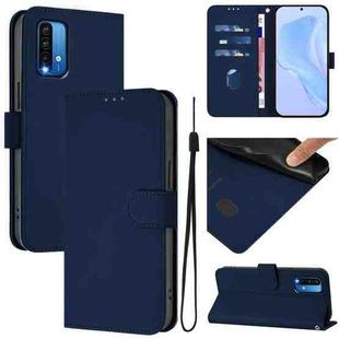 For Redmi 9 Power / 9T Global Skin Feel Solid Color Leather Phone Case with Lanyard(Navy Blue)