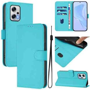 For Redmi Note 11T Pro+ 5G Skin Feel Solid Color Leather Phone Case with Lanyard(Lake Blue)