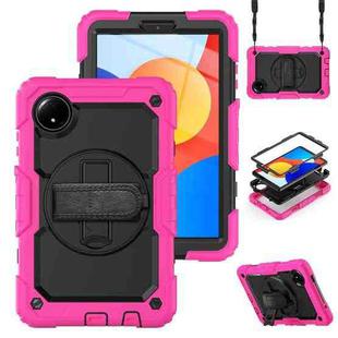 For Xiaomi Redmi Pad SE 8.7 2024 Turntable Holder Silicone Hybrid PC Tablet Case with Shoulder Strap(Rose Red+Black)
