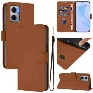 For Xiaomi Poco M4 5G / M5 4G Skin Feel Solid Color Leather Phone Case with Lanyard(Brown)