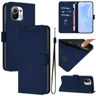 For Xiaomi Mi 11 Skin Feel Solid Color Leather Phone Case with Lanyard(Navy Blue)