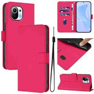 For Xiaomi Mi 11 Skin Feel Solid Color Leather Phone Case with Lanyard(Rose Red)