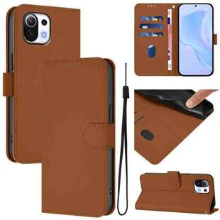 For Xiaomi Mi 11 Lite 5G Skin Feel Solid Color Leather Phone Case with Lanyard(Brown)