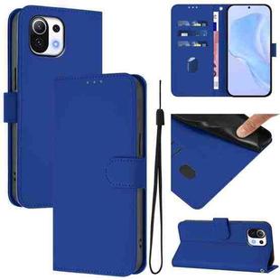 For Xiaomi Mi 11 Lite 5G Skin Feel Solid Color Leather Phone Case with Lanyard(Dark Blue)