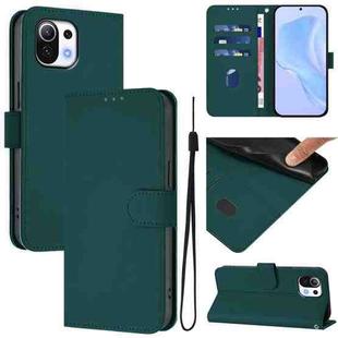 For Xiaomi Mi 11 Lite 5G Skin Feel Solid Color Leather Phone Case with Lanyard(Dark Green)