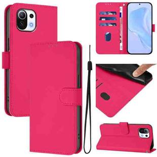 For Xiaomi Mi 11 Lite 5G Skin Feel Solid Color Leather Phone Case with Lanyard(Rose Red)