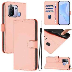 For Xiaomi Mi 11 Pro Skin Feel Solid Color Leather Phone Case with Lanyard(Pink)