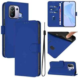 For Xiaomi Mi 11 Pro Skin Feel Solid Color Leather Phone Case with Lanyard(Dark Blue)