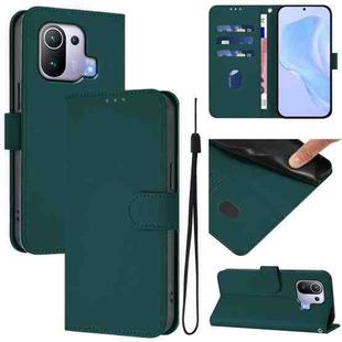 For Xiaomi Mi 11 Pro Skin Feel Solid Color Leather Phone Case with Lanyard(Dark Green)