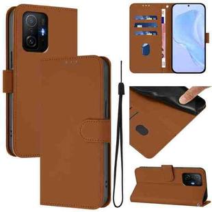 For Xiaomi 11T / 11T Pro Skin Feel Solid Color Leather Phone Case with Lanyard(Brown)