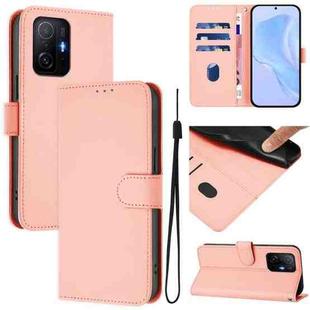 For Xiaomi 11T / 11T Pro Skin Feel Solid Color Leather Phone Case with Lanyard(Pink)