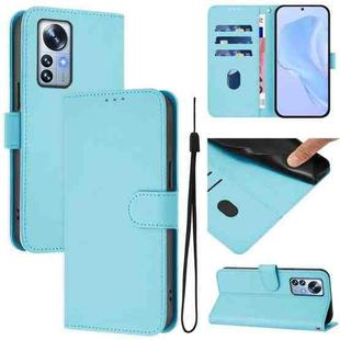 For Xiaomi 12S Pro / 12 Pro Skin Feel Solid Color Leather Phone Case with Lanyard(Sky Blue)