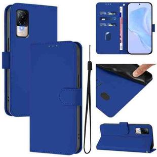 For Xiaomi Civi 1S Skin Feel Solid Color Leather Phone Case with Lanyard(Dark Blue)