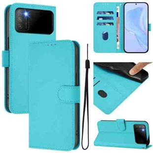 For Xiaomi Poco M3 Skin Feel Solid Color Leather Phone Case with Lanyard(Lake Blue)