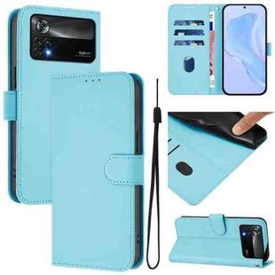 For Xiaomi Poco X4 Pro 5G Skin Feel Solid Color Leather Phone Case with Lanyard(Sky Blue)