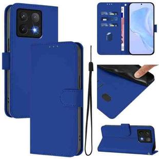 For Xiaomi 14T Skin Feel Solid Color Leather Phone Case with Lanyard(Dark Blue)