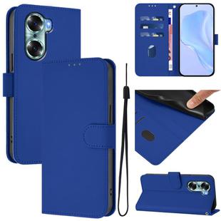 For Honor 60 Skin Feel Solid Color Leather Phone Case with Lanyard(Dark Blue)