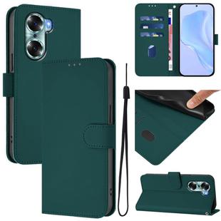 For Honor 60 Skin Feel Solid Color Leather Phone Case with Lanyard(Dark Green)