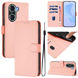 For Honor 60 Pro Skin Feel Solid Color Leather Phone Case with Lanyard(Pink)