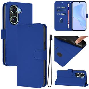 For Honor 60 Pro Skin Feel Solid Color Leather Phone Case with Lanyard(Dark Blue)