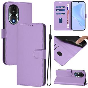 For Honor 80 Skin Feel Solid Color Leather Phone Case with Lanyard(Lavender Purple)