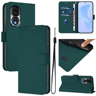 For Honor 80 Skin Feel Solid Color Leather Phone Case with Lanyard(Dark Green)
