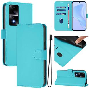 For Honor 80 GT Skin Feel Solid Color Leather Phone Case with Lanyard(Lake Blue)
