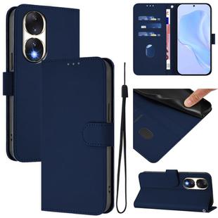 For Honor 90 Skin Feel Solid Color Leather Phone Case with Lanyard(Navy Blue)