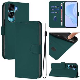 For Honor 90 Lite / X50i Skin Feel Solid Color Leather Phone Case with Lanyard(Dark Green)