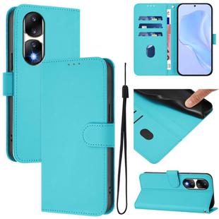 For Honor 90 Pro Skin Feel Solid Color Leather Phone Case with Lanyard(Lake Blue)