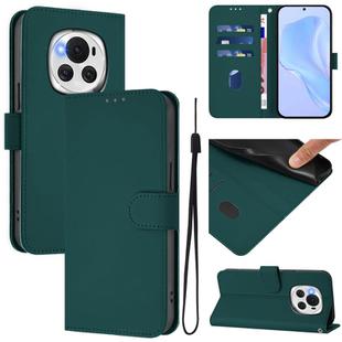 For Honor Magic6 Skin Feel Solid Color Leather Phone Case with Lanyard(Dark Green)