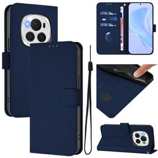 For Honor Magic6 Pro Skin Feel Solid Color Leather Phone Case with Lanyard(Navy Blue)