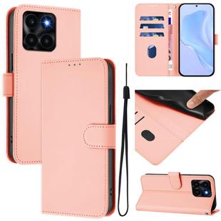 For Honor X6a 4G Skin Feel Solid Color Leather Phone Case with Lanyard(Pink)