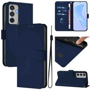 For Samsung Galaxy M35 5G Skin Feel Solid Color Leather Phone Case with Lanyard(Navy Blue)