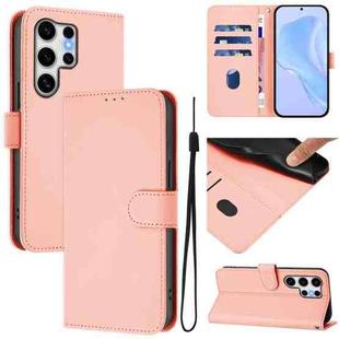 For Samsung Galaxy S25 Ultra 5G Skin Feel Solid Color Leather Phone Case with Lanyard(Pink)