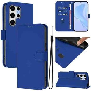 For Samsung Galaxy S25 Ultra 5G Skin Feel Solid Color Leather Phone Case with Lanyard(Dark Blue)