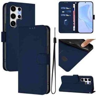 For Samsung Galaxy S25 Ultra 5G Skin Feel Solid Color Leather Phone Case with Lanyard(Navy Blue)