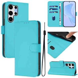 For Samsung Galaxy S25 Ultra 5G Skin Feel Solid Color Leather Phone Case with Lanyard(Lake Blue)