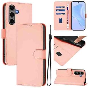 For Samsung Galaxy S25+ 5G Skin Feel Solid Color Leather Phone Case with Lanyard(Pink)
