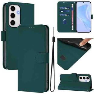 For Samsung Galaxy S24 FE 5G Skin Feel Solid Color Leather Phone Case with Lanyard(Dark Green)