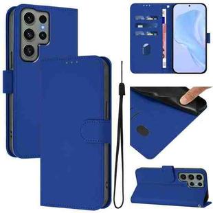 For Samsung Galaxy S23 Ultra 5G Skin Feel Solid Color Leather Phone Case with Lanyard(Dark Blue)