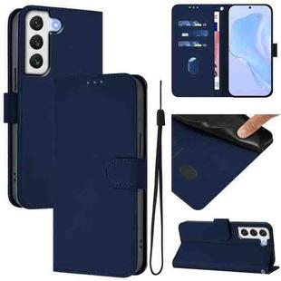 For Samsung Galaxy S22+ 5G Skin Feel Solid Color Leather Phone Case with Lanyard(Navy Blue)