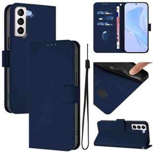 For Samsung Galaxy S21 5G Skin Feel Solid Color Leather Phone Case with Lanyard(Navy Blue)