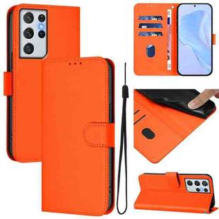 For Samsung Galaxy S21 Ultra 5G Skin Feel Solid Color Leather Phone Case with Lanyard(Orange)