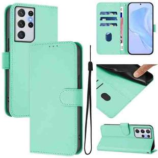 For Samsung Galaxy S21 Ultra 5G Skin Feel Solid Color Leather Phone Case with Lanyard(Mint Green)