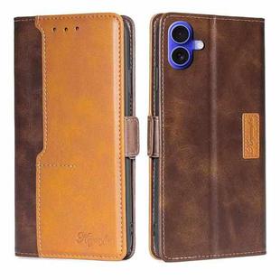 For iPhone 16 Contrast Color Side Buckle Leather Phone Case(Dark Brown + Gold)