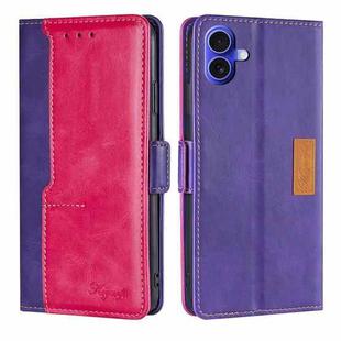 For iPhone 16 Contrast Color Side Buckle Leather Phone Case(Purple + Rose Red)